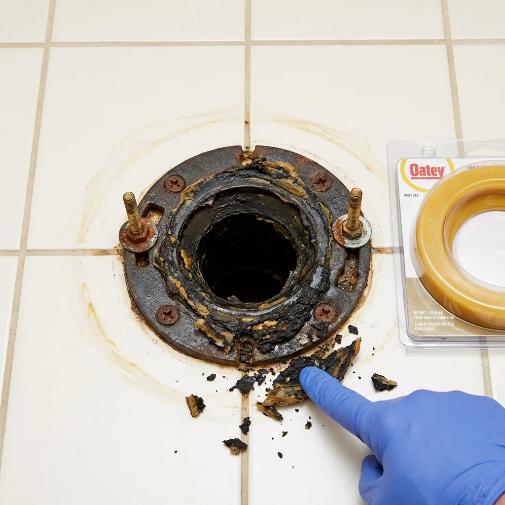Failed wax ring showing water seepage at the base of a toilet in a King City, MO home