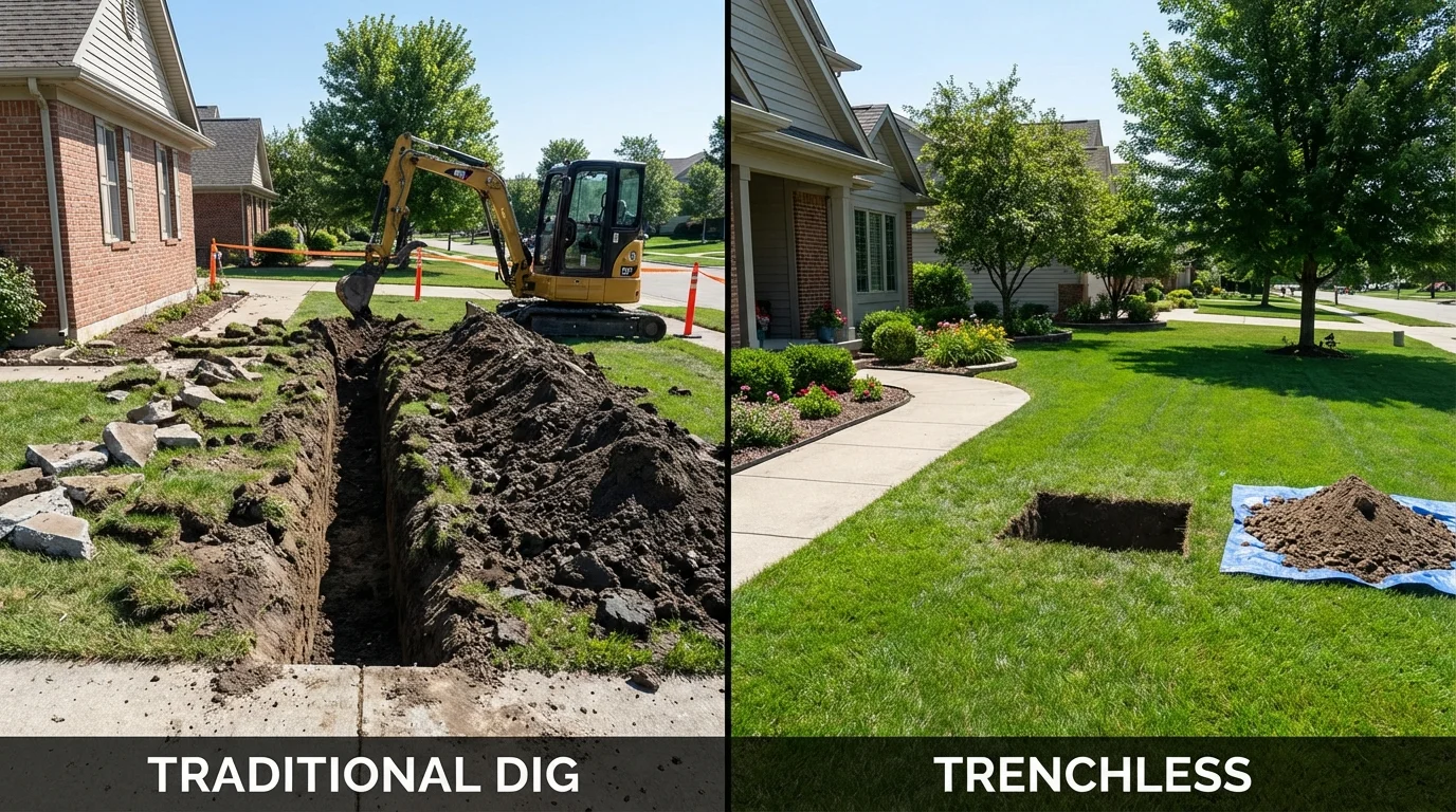 Trenchless sewer repair with minimal yard damage versus traditional excavation in King City, MO